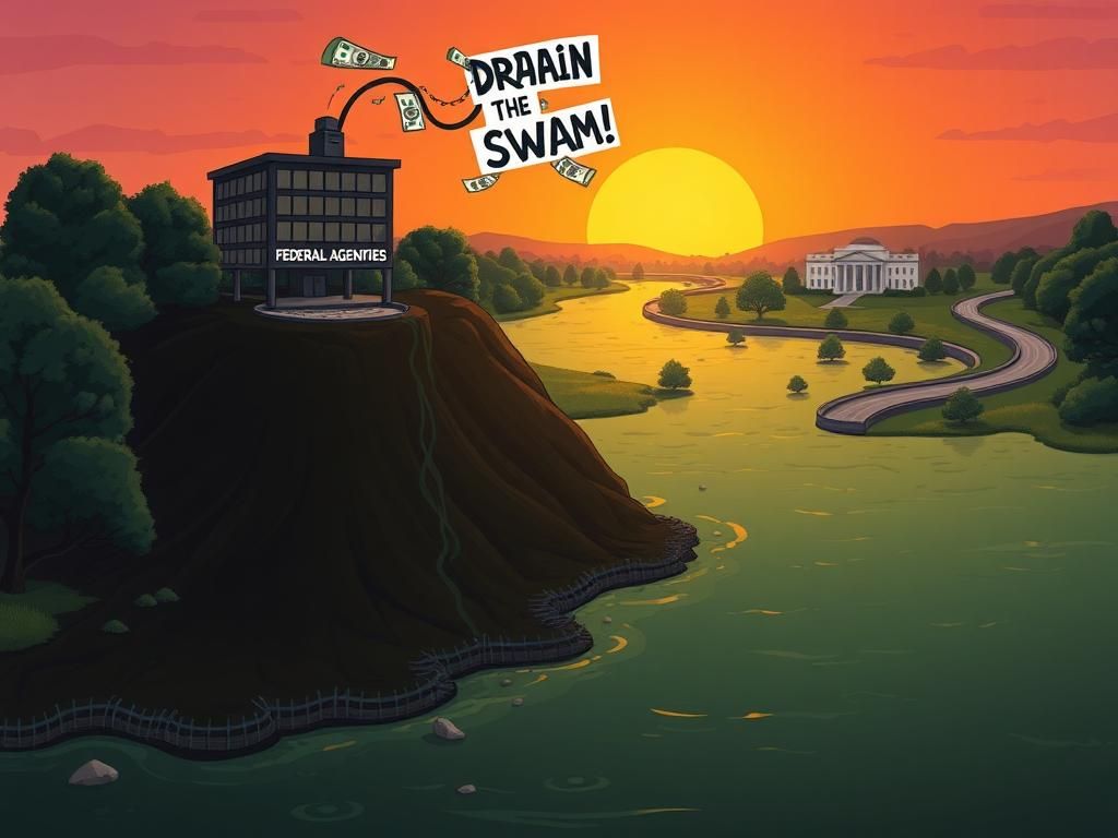 Flick International Conceptual illustration of a symbolic swamp representing government bureaucracy with a modern office building on its edge and a cartoon drain above.