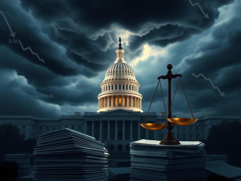 Flick International U.S. Capitol building under a stormy sky with stacks of documents symbolizing budget discussions