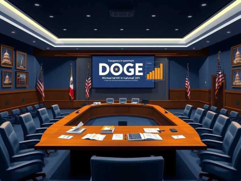 Flick International Digital illustration of a modern congressional hearing room featuring a DOGE banner