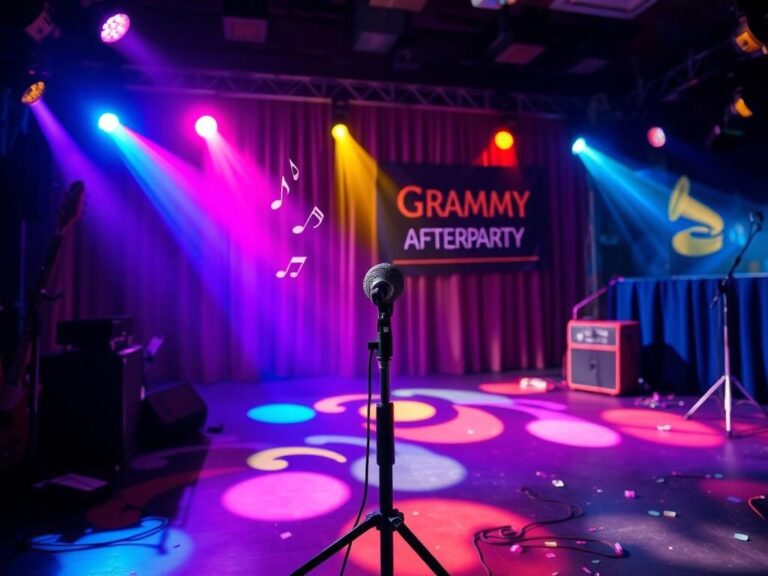 Flick International A vibrant concert stage with colorful lights and a microphone, symbolizing a powerful performance at the Grammys afterparty.