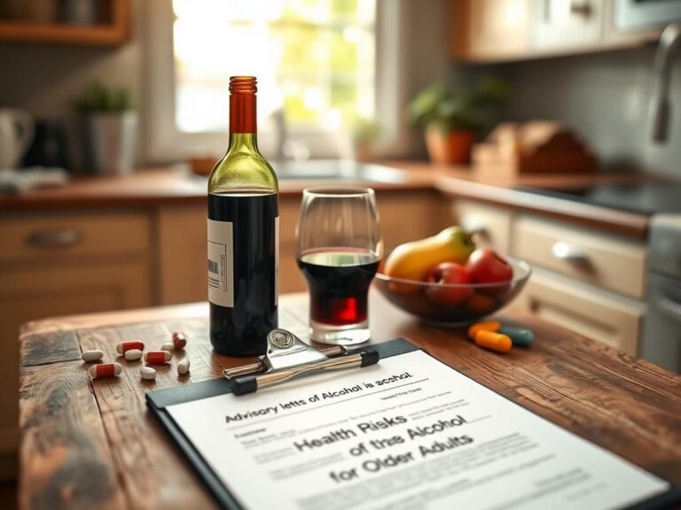 Flick International A rustic wooden table set with a bottle of red wine, a glass, vitamins, and fresh fruit in a softly lit kitchen.