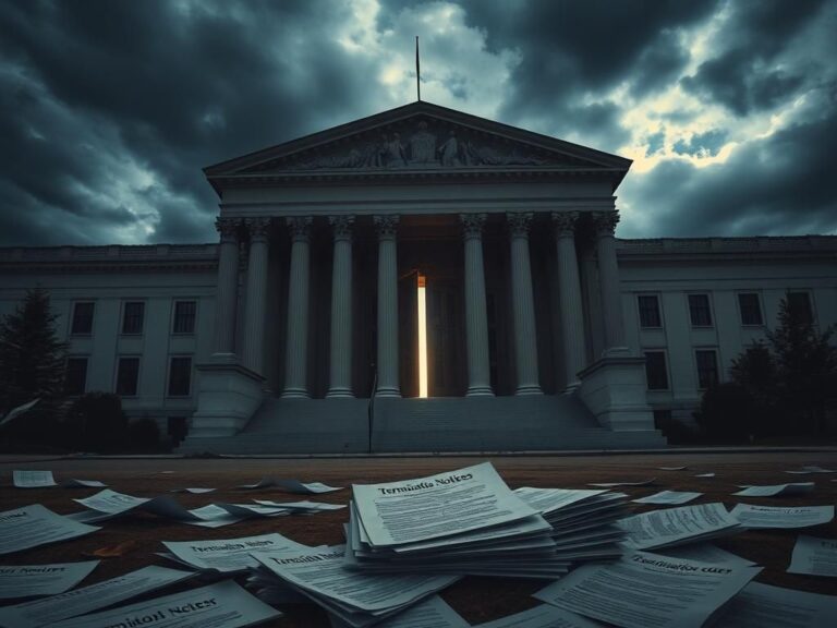 Flick International A somber government building with ajar double doors and scattered termination notices, symbolizing upheaval.