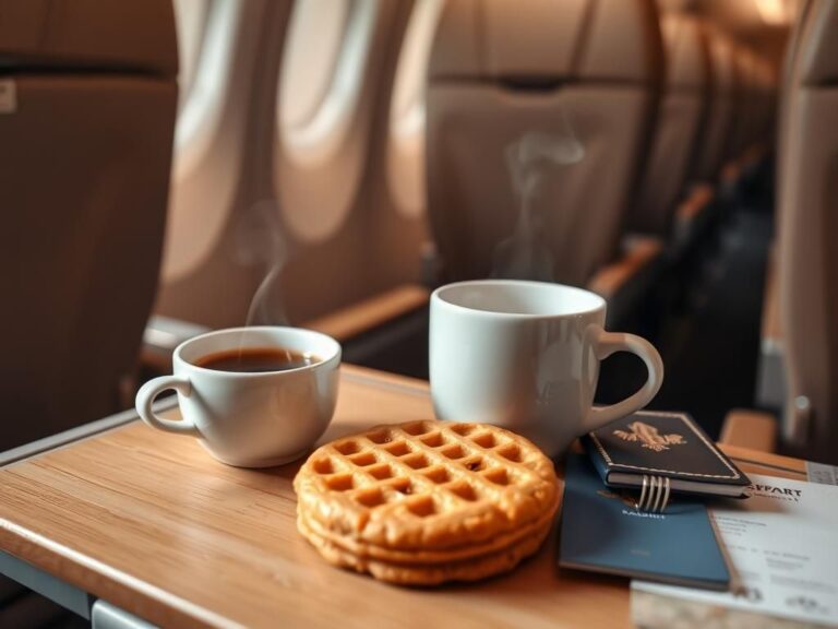 Flick International Close-up of a golden-brown stroopwafel cookie on an airplane tray table