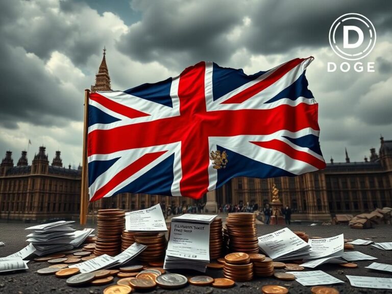 Flick International Tattered British flag against crumbling government buildings symbolizing fiscal mismanagement