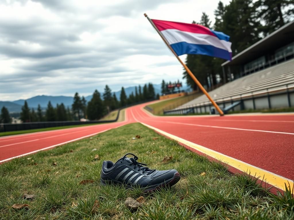 Flick International Abandoned running spikes by a colorful track with a trans pride flag