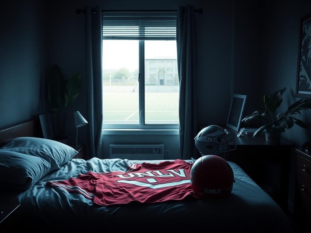 Flick International Dimly lit college apartment interior reflecting somber mood with UNLV football jersey and worn-out cleats