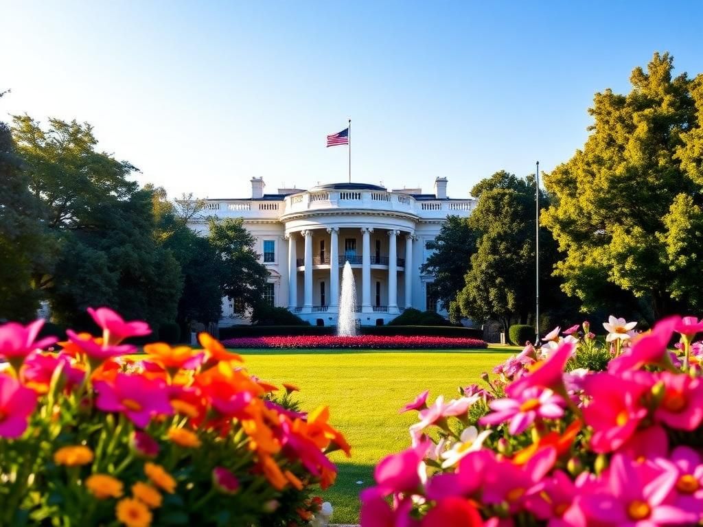 Flick International A beautifully landscaped view of the White House with blooming flowers and clear blue sky