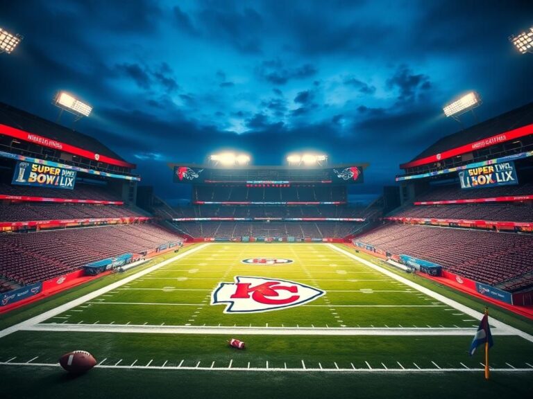 Flick International Wide-angle view of an empty NFL stadium illuminated at night with a prominent Chiefs logo