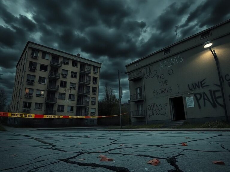 Flick International Dilapidated apartment buildings under a cloudy sky with police tape remnants