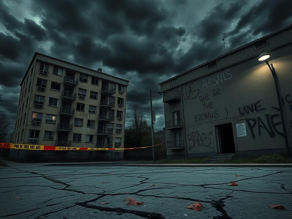 Flick International Dilapidated apartment buildings under a cloudy sky with police tape remnants