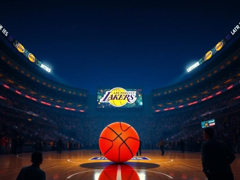 Flick International Illuminated basketball stadium with Lakers logo at night