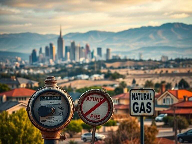 Flick International A dramatic landscape of California featuring a city skyline and suburban homes, highlighting natural gas appliances amidst a conflict of energy policies.