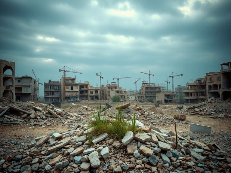 Flick International Wide view of a devastated urban landscape in the Gaza Strip with crumbled buildings and debris