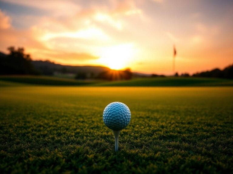 Flick International A serene golf course at sunset with a pristine golf ball on a tee