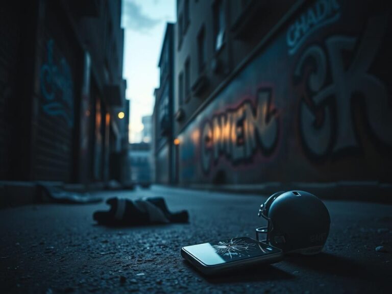 Flick International Crumpled smartphone and sports memorabilia in dark urban alleyway