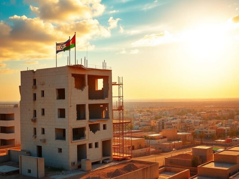 Flick International Aerial view of a Middle Eastern landscape blending modern and traditional architecture with flags symbolizing peace and cooperation.