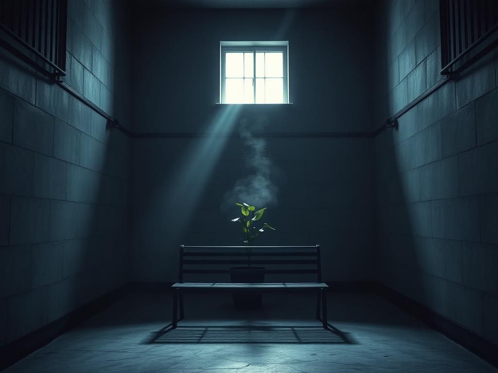 Flick International Empty prison bench symbolizing isolation and despair in front of gray concrete walls