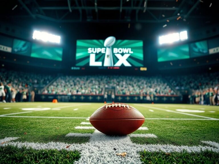 Flick International Dynamic football scene under stadium lights showcases Super Bowl LIX scoreboard with Eagles logo