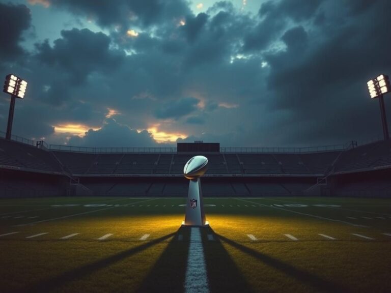 Flick International Empty football field at dusk with Super Bowl trophy in the center