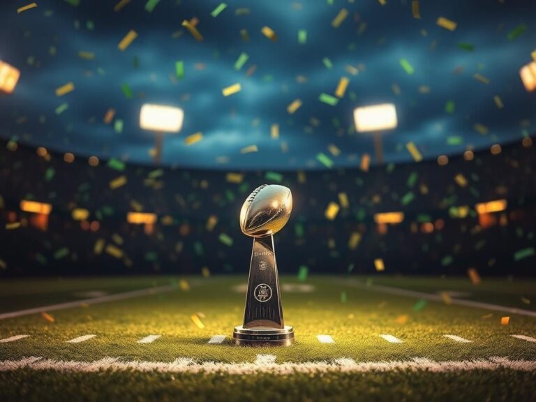 Flick International Lombardi Trophy shining on grassy field post-Super Bowl victory