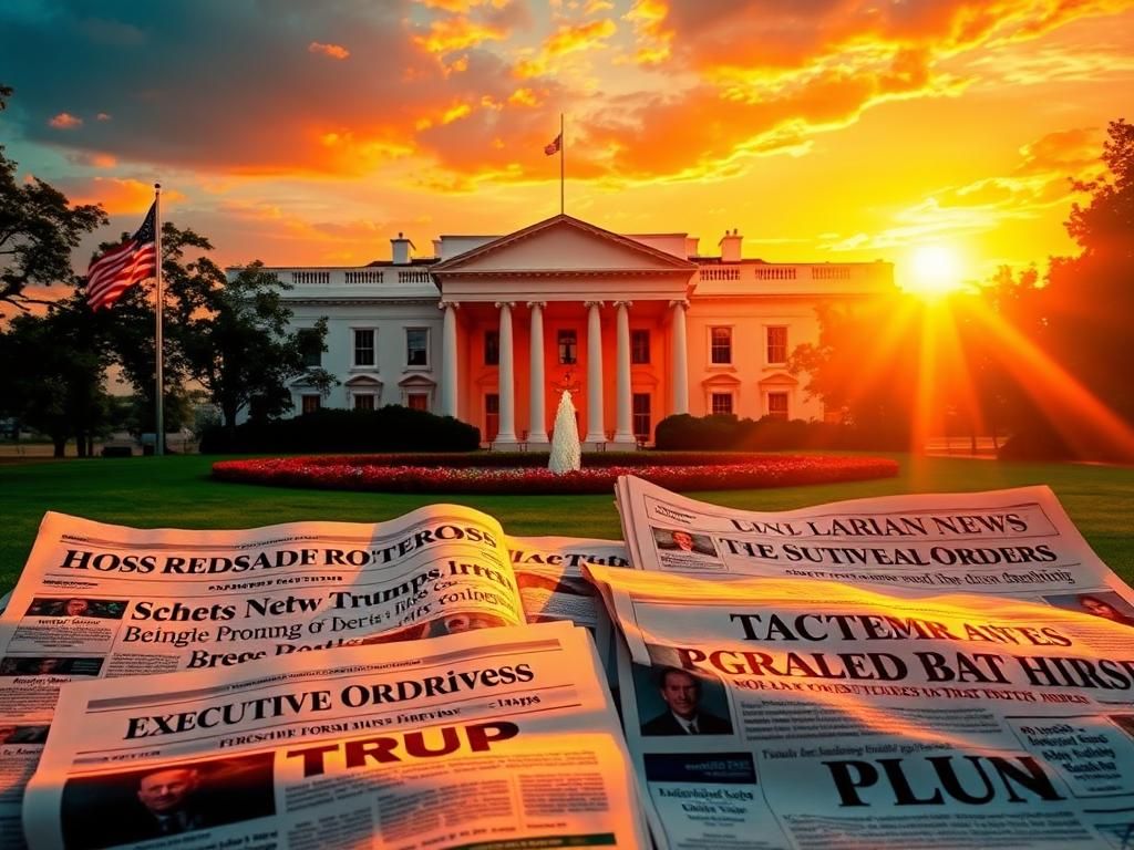 Flick International Exterior of the White House during a vibrant sunset with newspaper headlines in the foreground