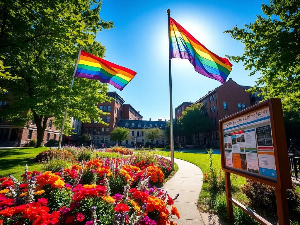 Flick International Vibrant urban scene in Worcester with rainbow flag and community support for transgender rights