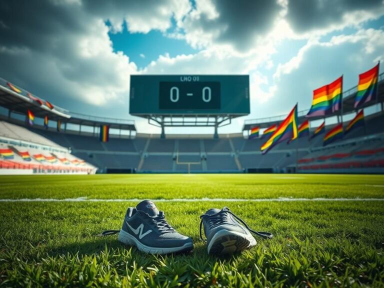 Flick International An empty sports field with colorful banners promoting diversity and inclusion, symbolizing the transgender athlete debate.