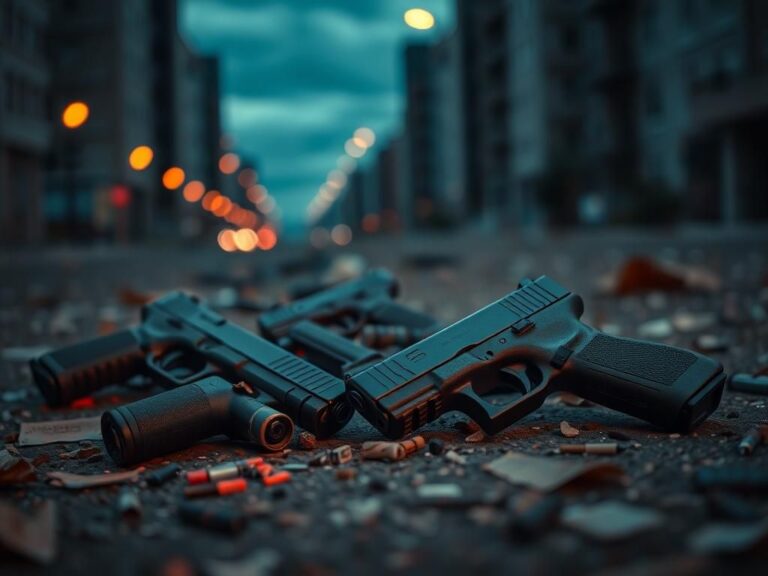 Flick International Close-up of discarded Glock pistols on the ground amidst debris