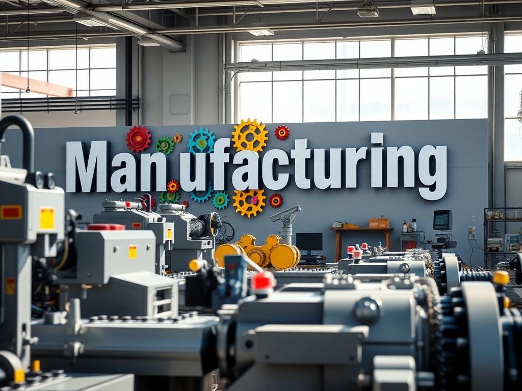 Flick International Modern manufacturing facility with sleek machinery and a bold 'Manufacturing' graphic