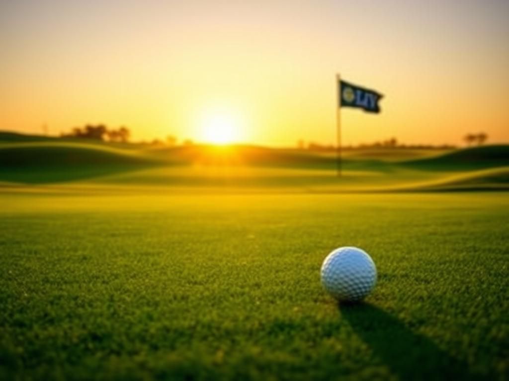 Flick International Serene golf course landscape at sunset with a pristine white golf ball and contrasting PGA and LIV flags