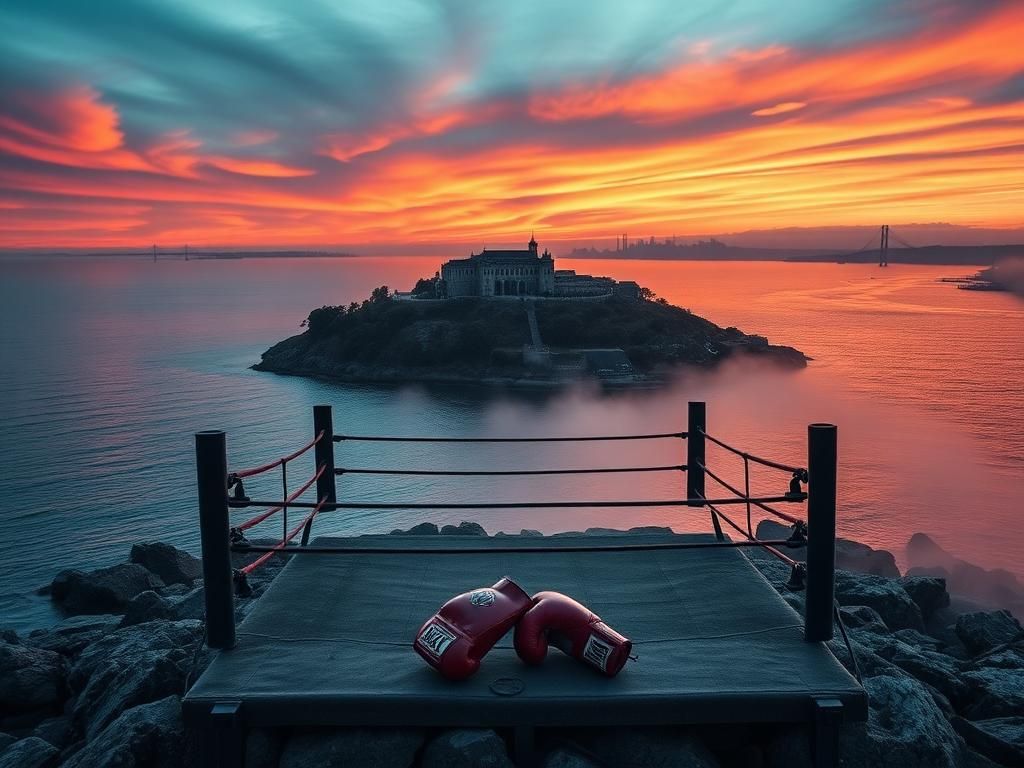 Flick International Aerial view of Alcatraz Island with an empty boxing ring on the shoreline