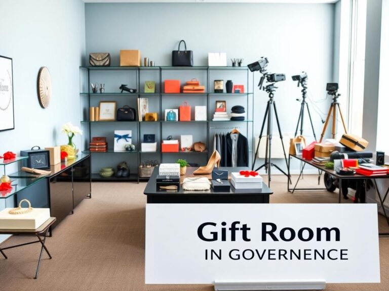 Flick International Brightly lit 'gift room' showcasing organized gifts in Chicago Mayor's office