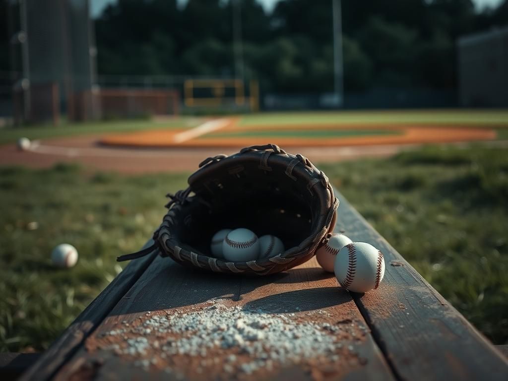 Flick International Weathered baseball glove on a wooden bench with baseballs nearby