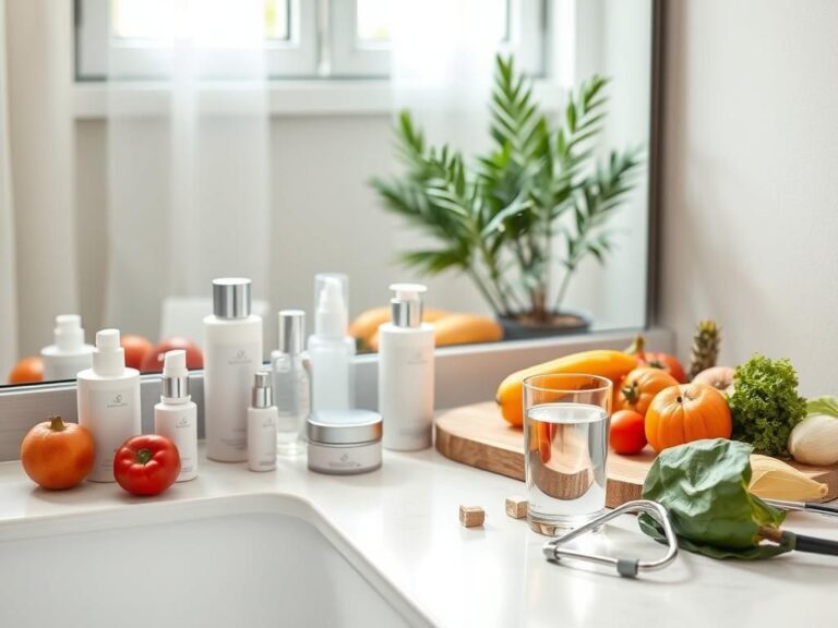 Flick International Serene still-life composition of a modern vanity with minimalist cosmetic products and fresh fruits representing health