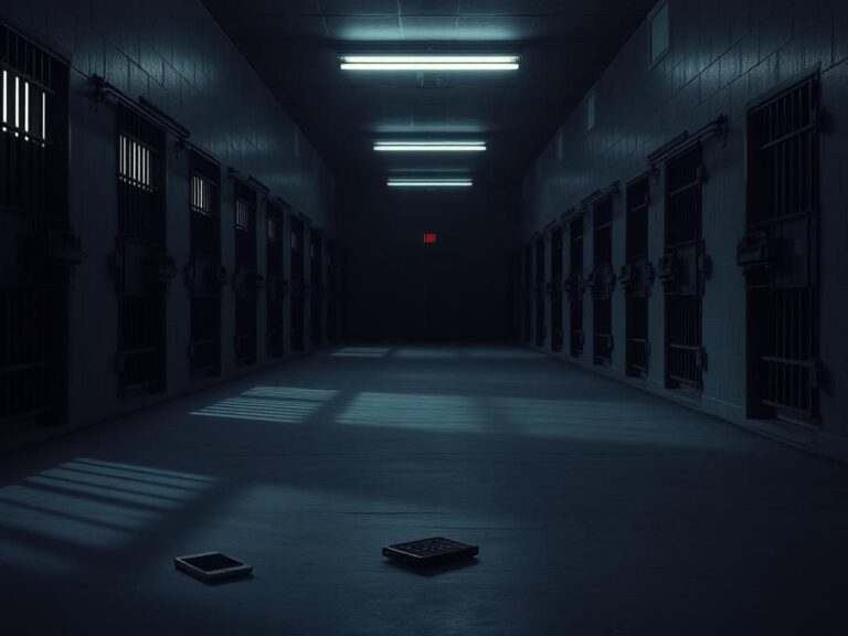 Flick International Interior view of a New York state prison during a lockdown with barred windows and empty corridors