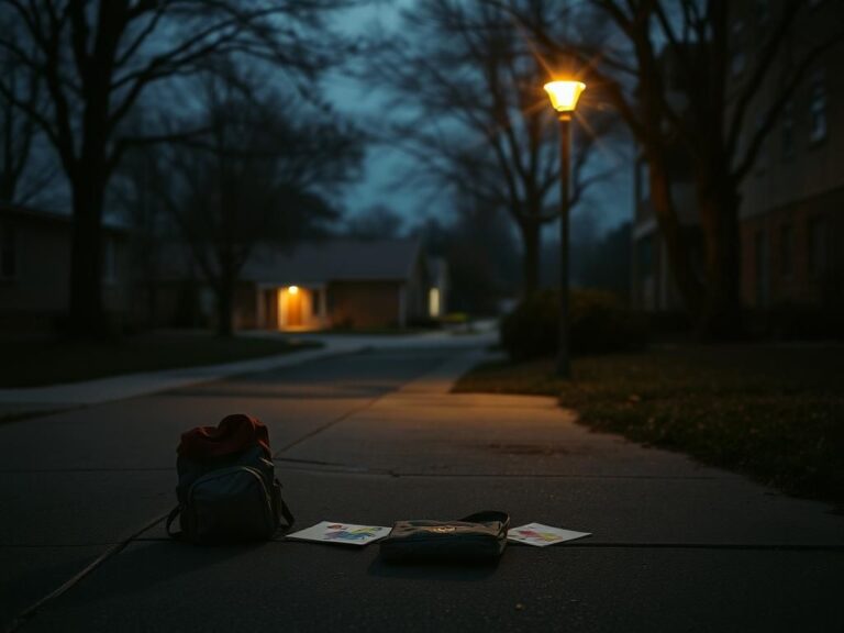 Flick International Dark street scene showcasing an empty sidewalk near an elementary school after school hours