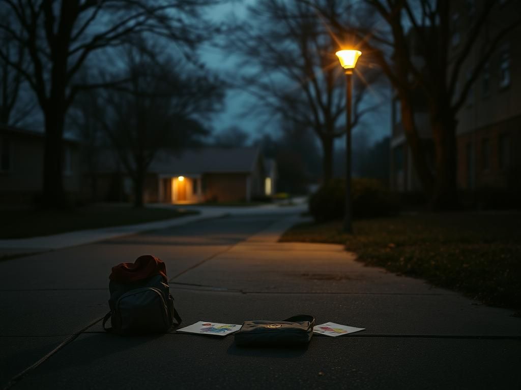 Flick International Dark street scene showcasing an empty sidewalk near an elementary school after school hours