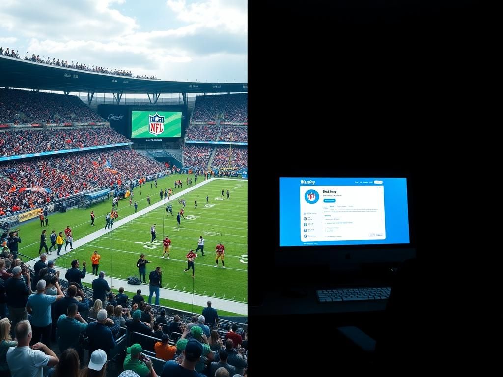 Flick International A split scene showing the contrast between a lively football stadium and a darkened room with a Bluesky interface