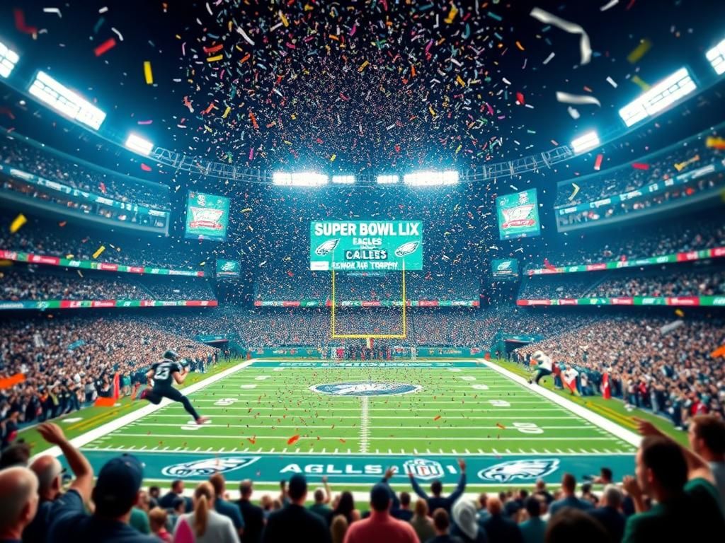 Flick International Vibrant stadium scene during Super Bowl LIX with Eagles celebrating victory