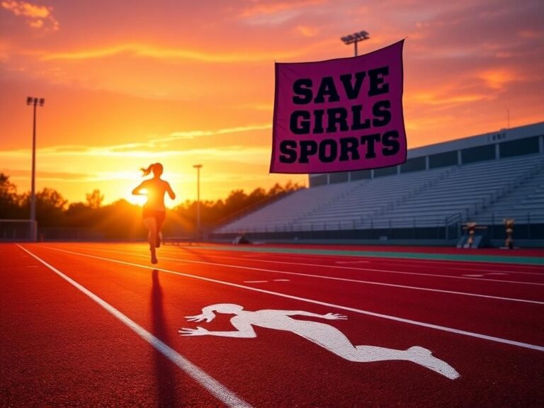 Flick International Empty high school athletic field at sunset with a 'Save Girls Sports' banner