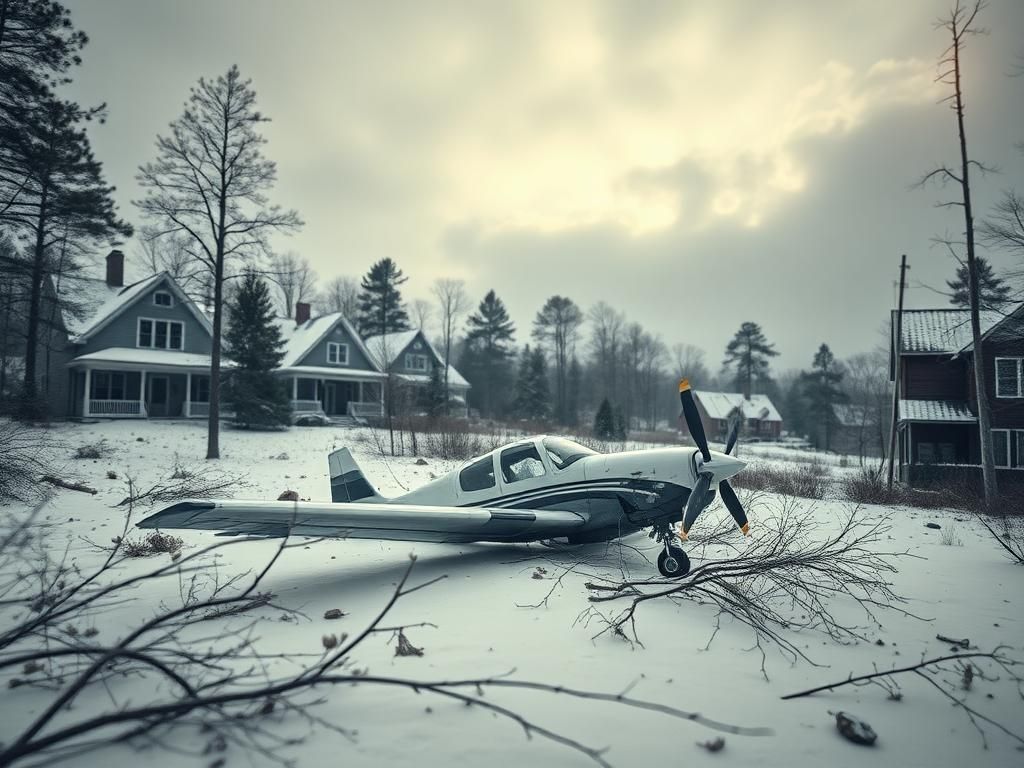 Flick International Aerial view of a crumpled plane in a snowy wooded area in New Hampshire