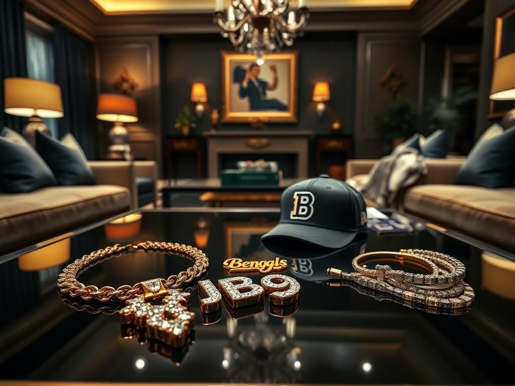 Flick International Luxurious living room showcasing opulent jewelry and Bengals memorabilia