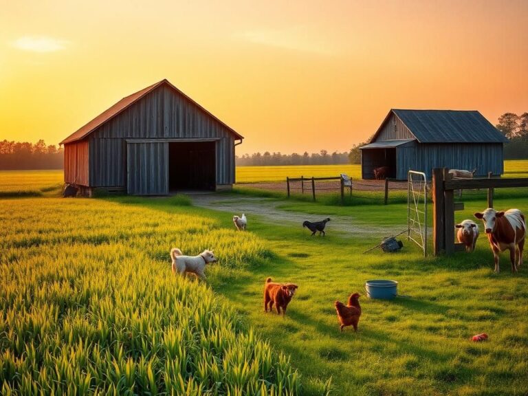 Flick International A vibrant farm landscape with crops, a barn, playful dogs, and grazing cows at sunset