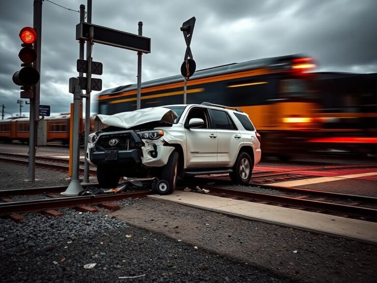 Flick International Heavily damaged white SUV on railroad tracks after train collision