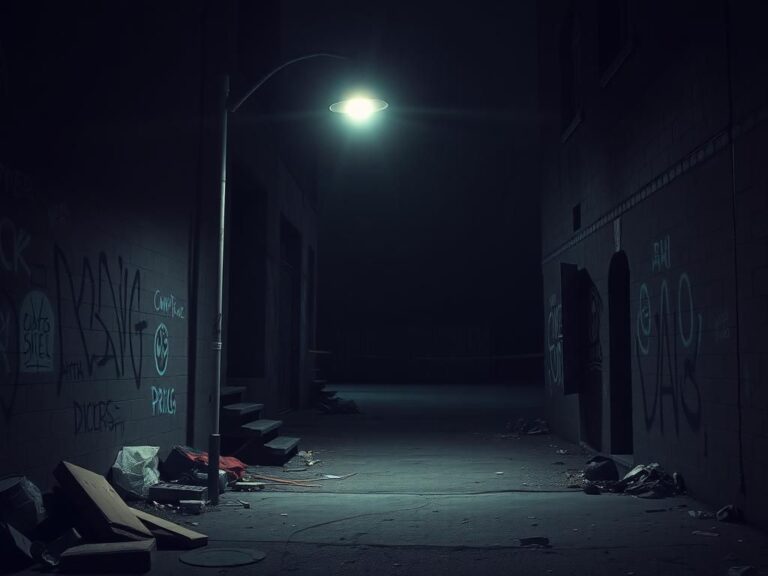 Flick International Dark urban alleyway depicting signs of drug culture and crime