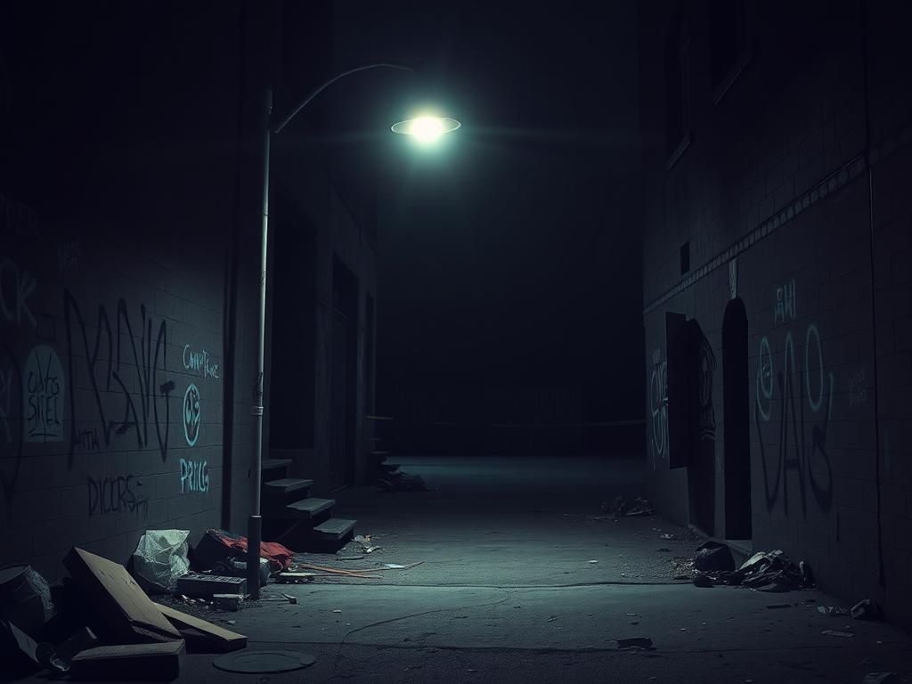 Flick International Dark urban alleyway depicting signs of drug culture and crime