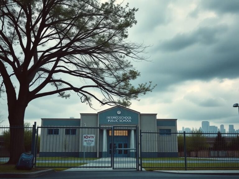 Flick International Exterior view of an urban public school surrounded by a cloudy, gray sky