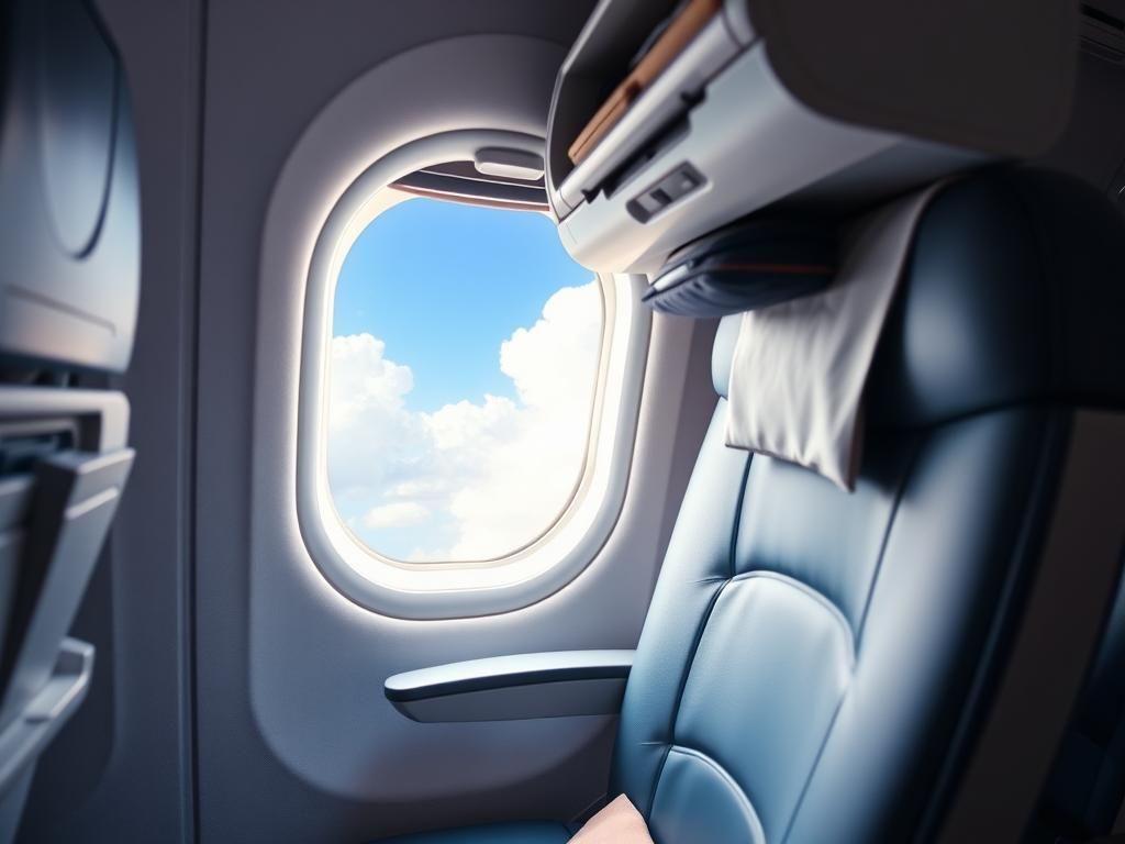 Flick International Close-up view of an airplane aisle seat with empty window seat and fluffy clouds in the background