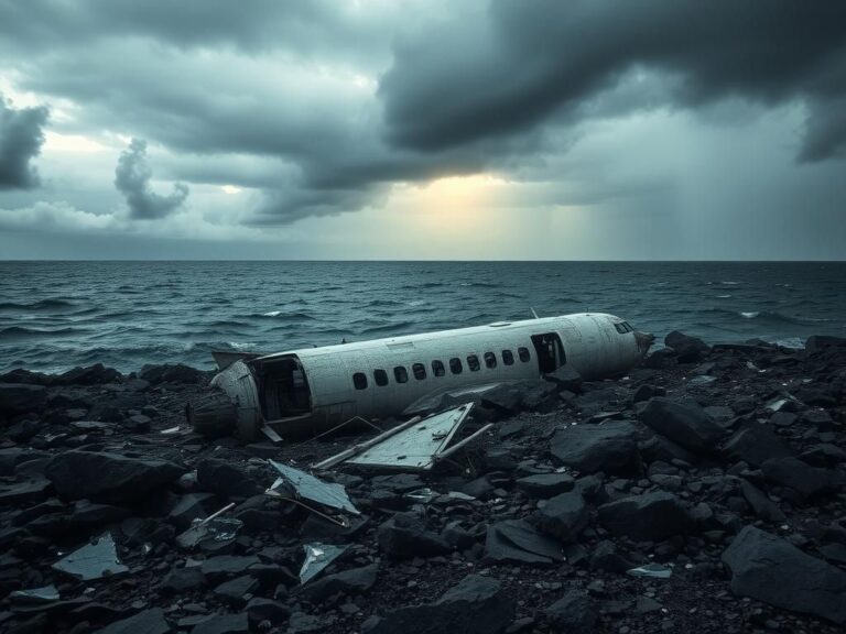 Flick International Wreckage of an airplane partially submerged in a dark, moody sea