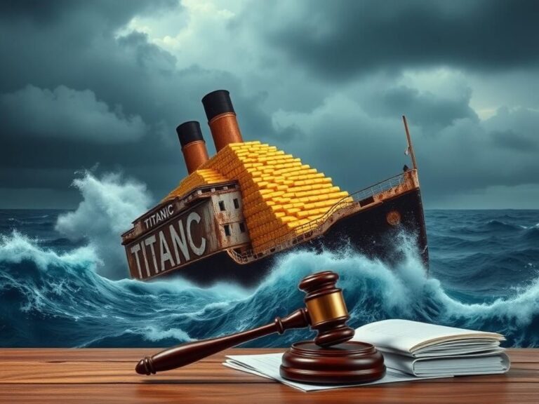 Flick International A dramatic scene with gold bars on the edge of a rusting ship labeled 'Titanic' against a stormy ocean backdrop.